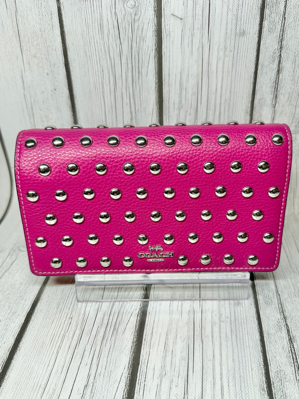PRE LOVED Hot Pink Coach Anna Foldover Clutch Crossbody with Rivets